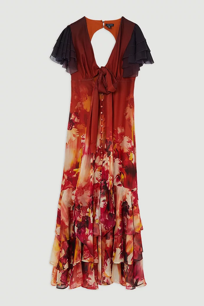 Ombre Floral Ruffle Sleeve Button Through Maxi Dress | Karen Ombre Floral Ruffle Sleeve Button Through Maxi Dress | Karen